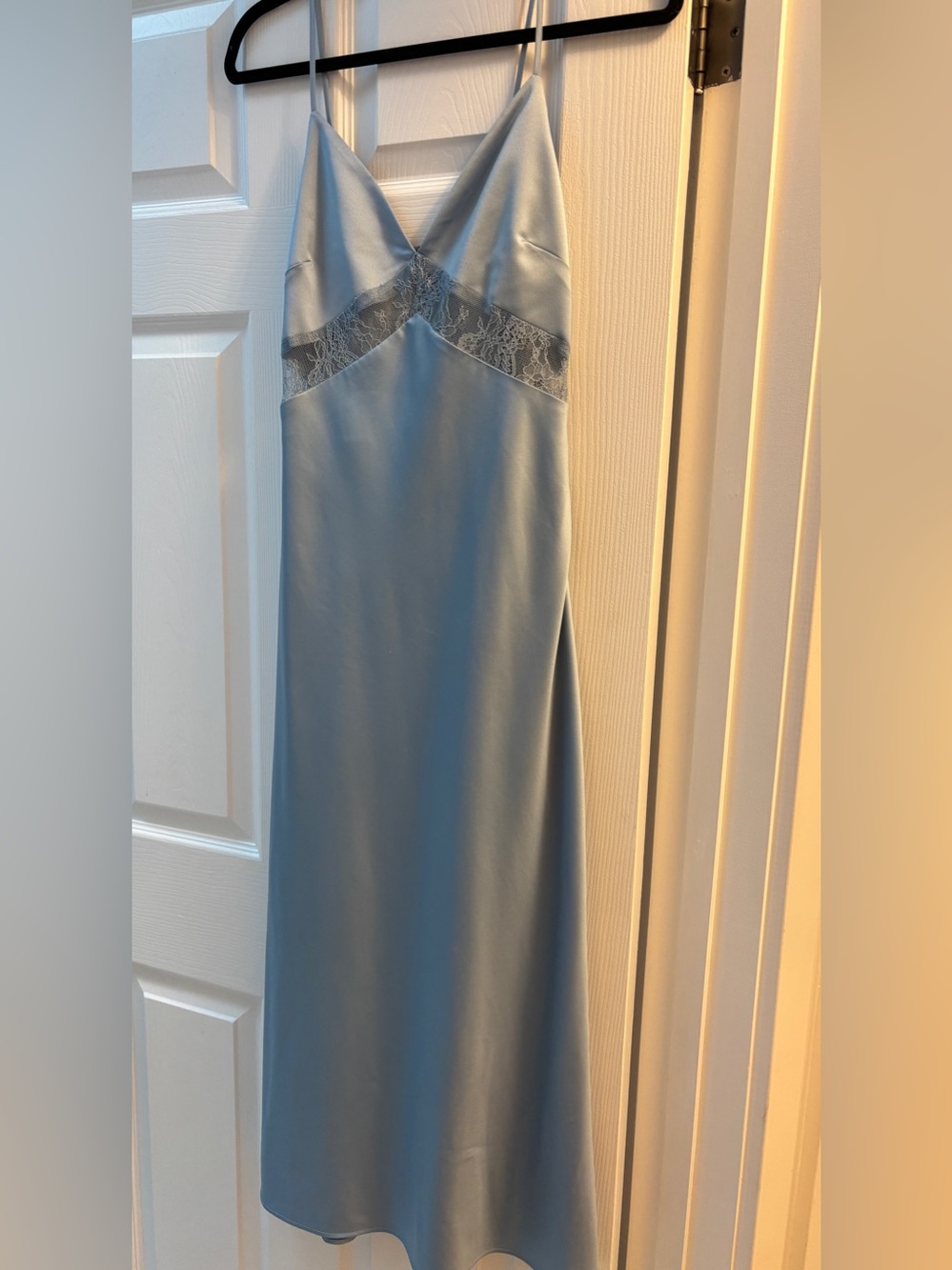 Satin Lace-Trim Slip Dress in Dusty Blue